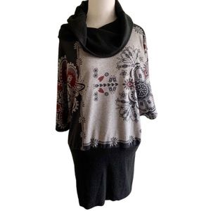 Mishmash Sweater Boho Floral Hearts Cowl Turtle Neck